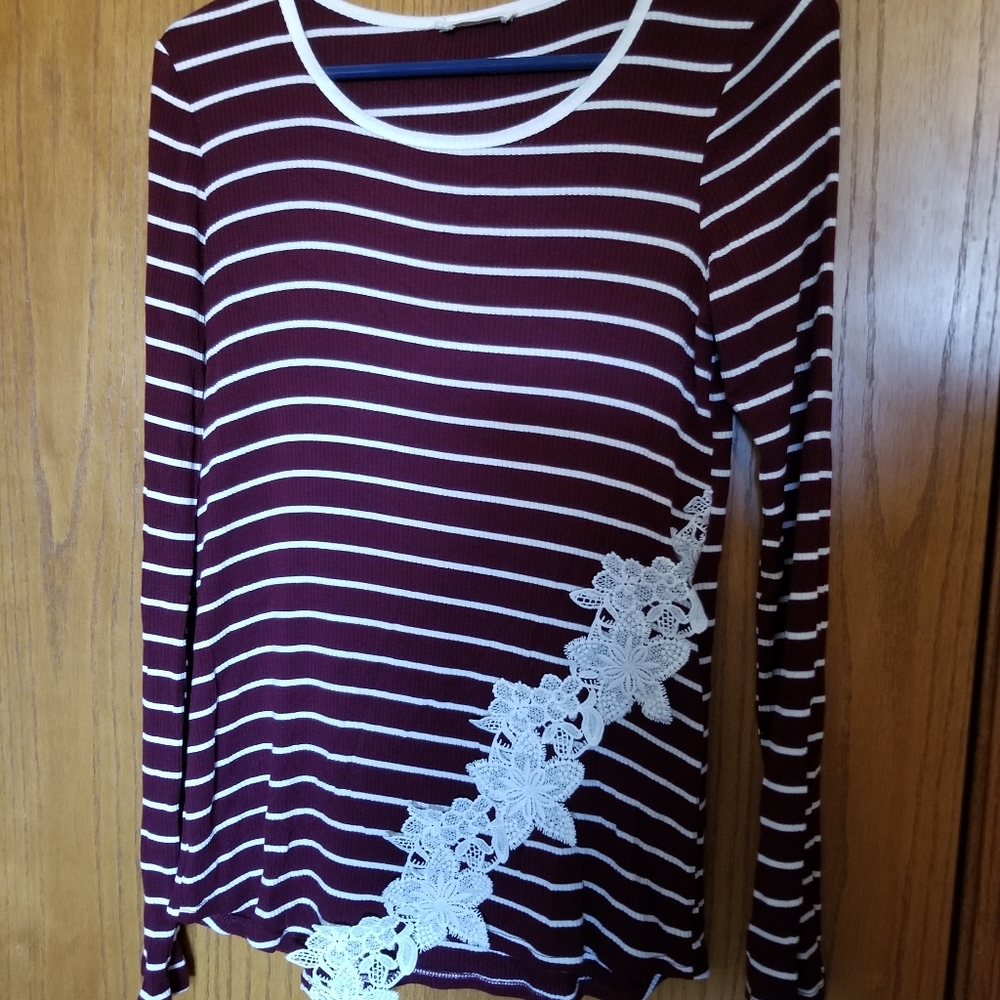 Wine red and white striped with white lace shirt